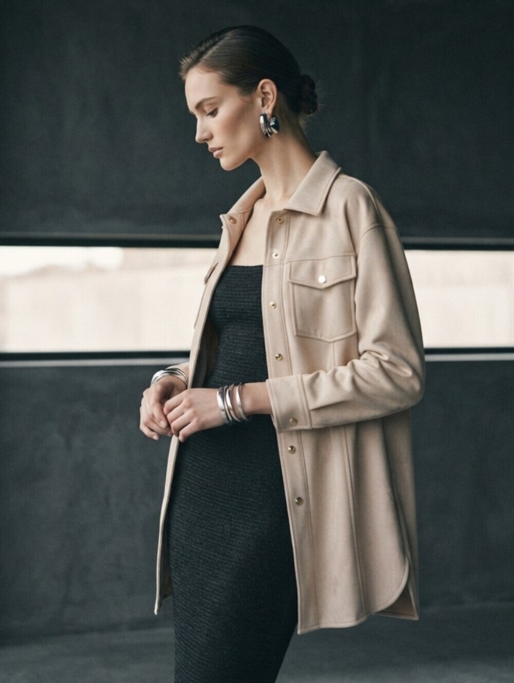Marc New York Beige Suede Long Shirt Jacket With Button-Front Size XS